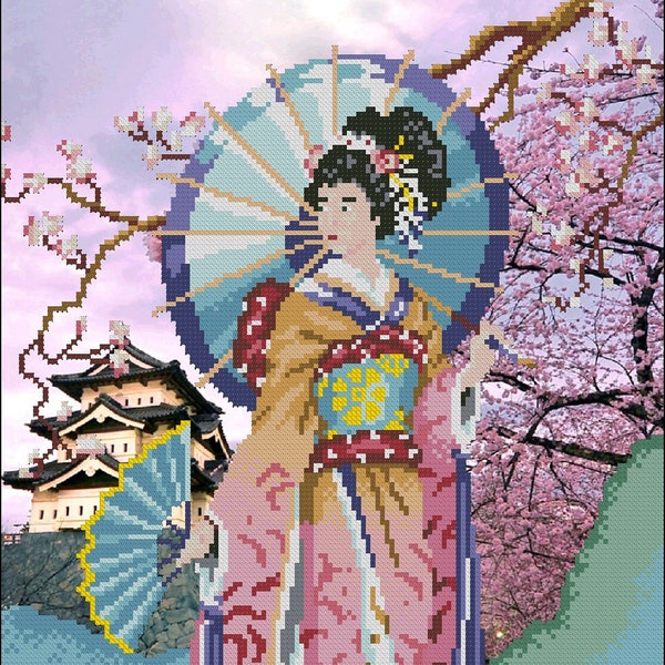 Femme d’Asie, kit de broderie de perle, kit de broderie de perle de DIY, geisha orientale Needlepoint kit perles perles de kit de main modèle estampillé