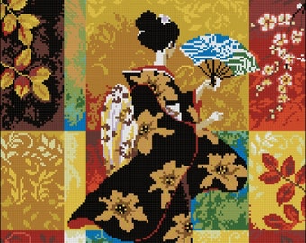 GROTE volledige kraalfoto, doe-het-zelf kralenborduurpakket, borduren met borduursels, Aziatische vrouw, geisha, goud-oosten, doe-het-zelf kralenpakket, groot borduurpakket