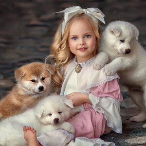 Bead Embroidery Kit DIY pictur, Needlepoint Beading, baby girl and puppies, beadwork beads cross stitch, stamped embroidery pattern beadwork