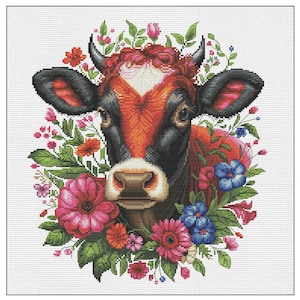 Counted Cross Stitch Kit DIY needlepoint thread Nova Sloboda Kit Cow flowers Stitch kit counted cross unprinted canvas stitching