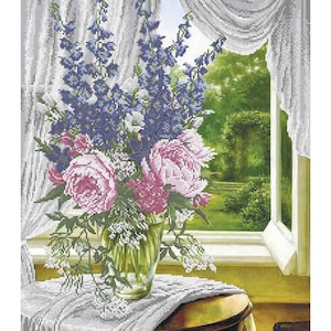 Bead Embroidery Kit, Beaded stitching, Bouquet by THE window bead picture DIY, bead embroidery stamped kit, bead kit painting, beadwork