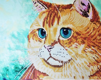 bead embroidery kit Red Cat printed pattern beads cross stitch picture beads large embroidery needlepoint kit bead picture