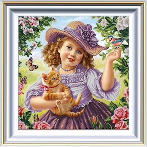 Bead Embroidery kit, girl and cat, DIY Needlework Kit, Beadwork set, Hand embroidery, Beading pattern, Embroidery of beads, Home decor