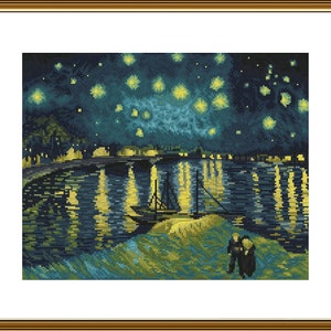 Counted Cross Stitch Kit for embroidery thread on white canvas &quot;Starry night over the Rhone&quot; Van Gogh DIY needlepoint thread cross stitch
