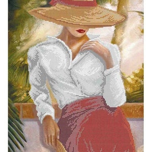 Bead Embroidery Kit, Lady in hat Hand Bead Embroidery Kit - Printed Embroidery Kit, Modern Bead Embroidery Kit beadwork beading