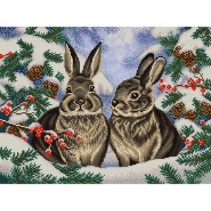 Bead embroidery kit Winter Rabbits DIY embroidery kits modern embroidery embroidery design hand embroidery beadwork beading