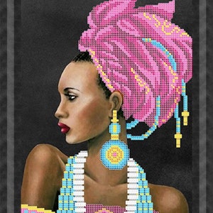 Bead Embroidery Kit, DIY beads picture, Needlepoint Beading, African beauty, beadwork, beads cross stitch, stamped embroidery pattern