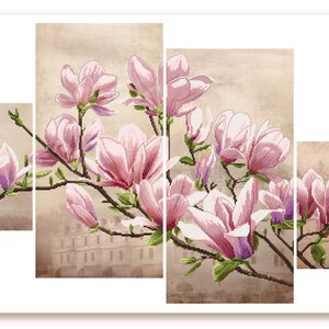May include: A multi-panel wall art set featuring a cross-stitch pattern of blooming pink magnolia flowers on branches. The design displays detailed petals in shades of light and dark pink, green buds, and brown stems against a muted beige background.
