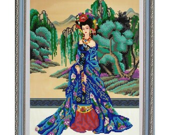 Kralenborduurwerk GROTE kraal foto DIY, kraal borduurpakket, kraal foto kit, geisha foto, Azië kraal borduren, kraal borduren doe-het-zelf