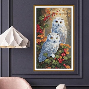 Counted Cross Stitch Kit Two white owls DIY Cross Stitch Kit Hand Embroidery KiT Unprinted canvas set Nova Sloboda