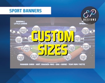 May include: A baseball team banner with a blue and green baseball field background. The banner features the team name "Dodgers" in yellow and white letters. The banner also includes the names of the players and their jersey numbers. The text "CUSTOM SIZES" is in large yellow letters.