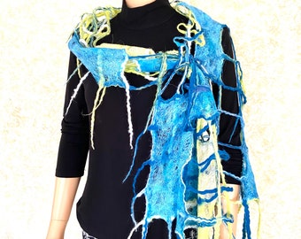 Felted scarf, Felt scarf, Felt Net scarf, Net scarf wrap, Wool net scarf, Handmade wool scarf,