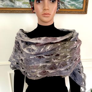 Felted rustic scarf, Felted gray scarf, Wool gray scarf, Handmade wool scarf, Crazy wool scarf,
