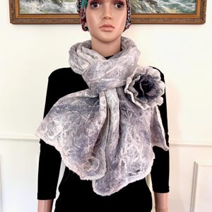 Felted gray scarf, Wool gray scarf, Wool wrap with brooch, Cobweb wool scarf, Crazy wool scarf.