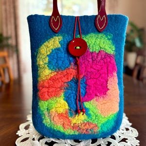 Felted tote handbag with shibori, Wool tote bag, Handmade wool tote handbag, Wool purse.