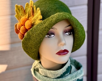 Halogen Cloche Felted Wool Hat Moss Green Boho Vintage Inspired Retro Glam il_fullxfull.  main image 3