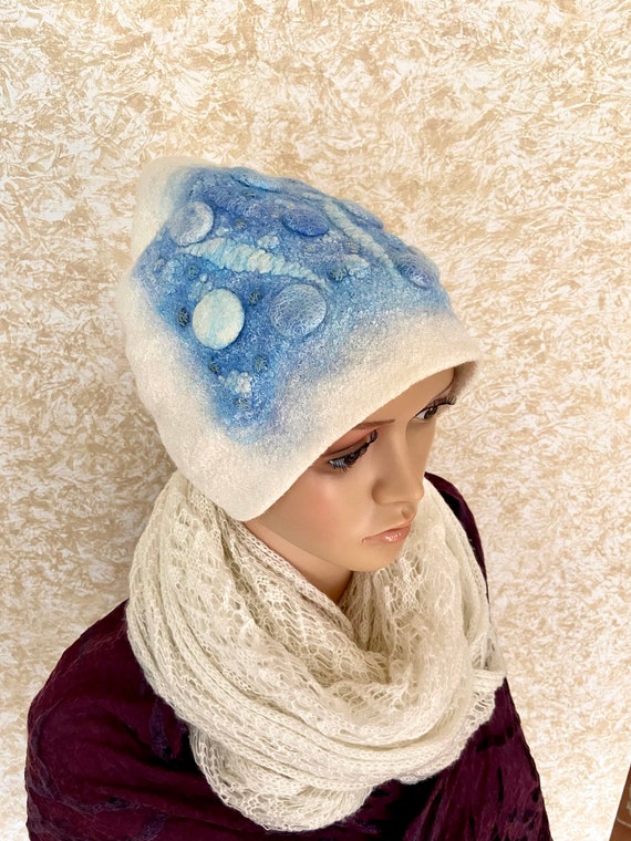 Handmade Felted Wool Beanie: White & Blue Winter Hat - Etsy display picture 2