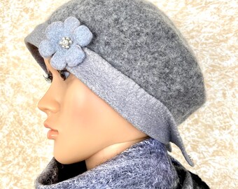 Felted hat, Wool hat, Wool small beret, Elegant hat, Soft hat, Hat beret, Gray wool beret