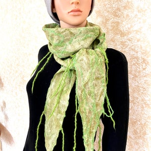 Felted scarf, Wool scarf, Felted crazy wool scarf, Handmade wool scarf, Green wool scarf
