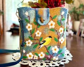 Handgemachte Gefilzte Crossbody Tasche: Zeisig Vogel Kunst Tasche