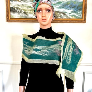 Nuno felted medium size scarf, Wool and cotton scarf, Boho style scarf, Wool and silk boho style scarf