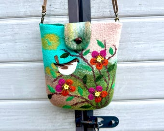 Felted Wool Crossbody Bag: Handmade Cuckoo Bird Art Purse
