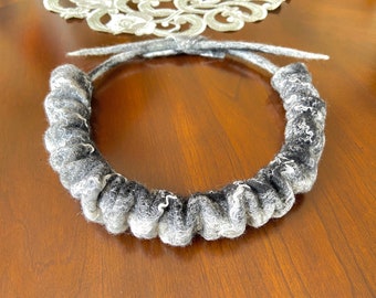 Handmade Felted Wool Necklace: Black and White Shibori Art