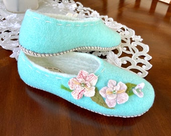 Handmade Felted Wool Slippers: Apple Blossom Home Shoes