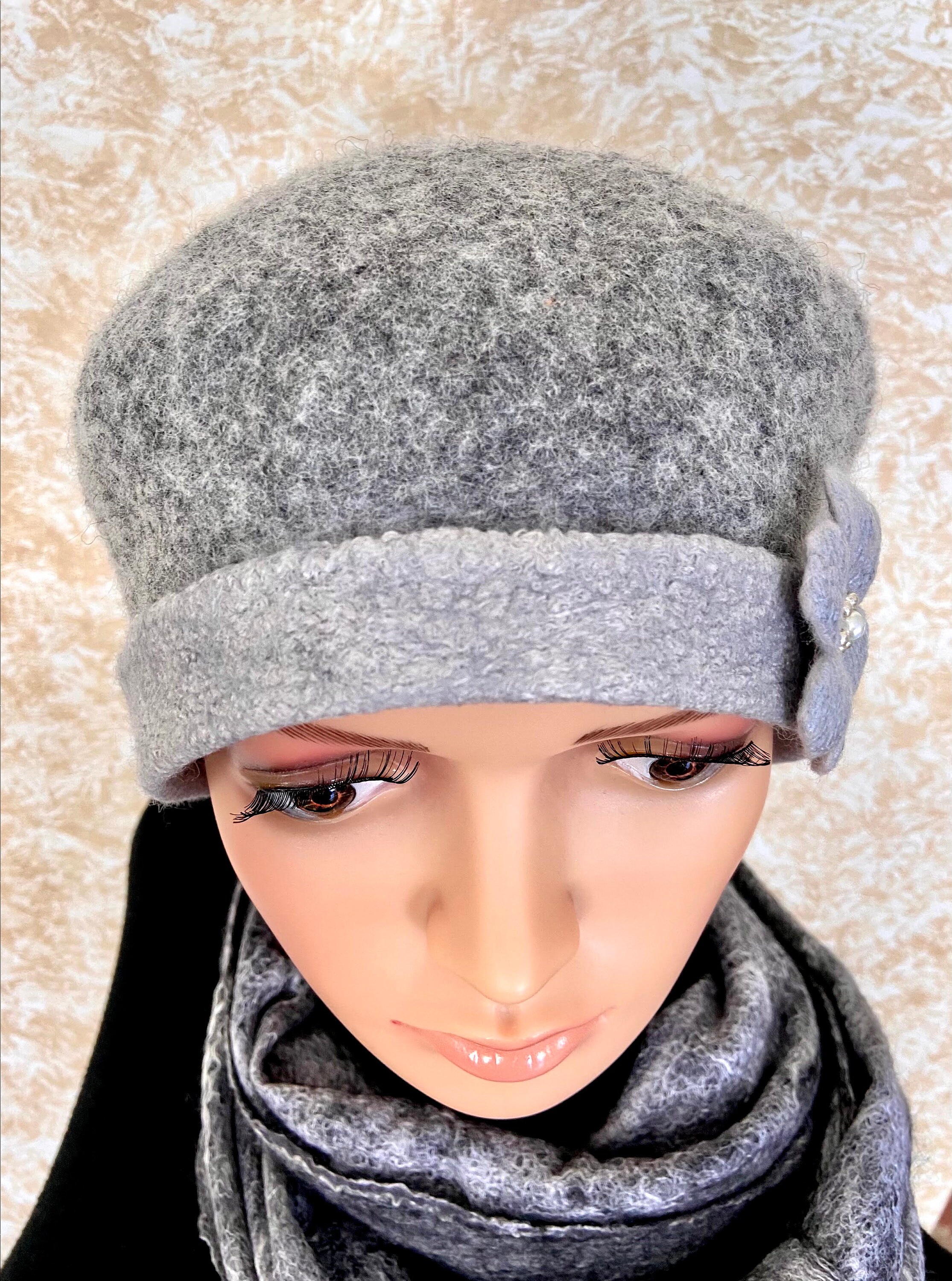 Handmade Felted Wool Beret: Elegant Gray Hat With Flower 