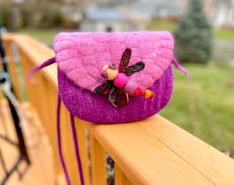 Felted bag &quot;Dragonfly&quot;, Wool small bag with brooch, Felt crossbody bag, Handmade messenger bag, Wool purse, Felt shoulder bag