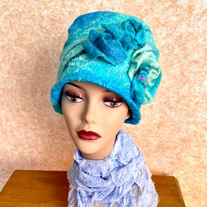 ** Artisan Fusion Felting Turquoise  Wool and Bead Embellished Floral Hat Size S Hand Made Turquoise Felted Wool With Beads Cap - Etsy main image 4