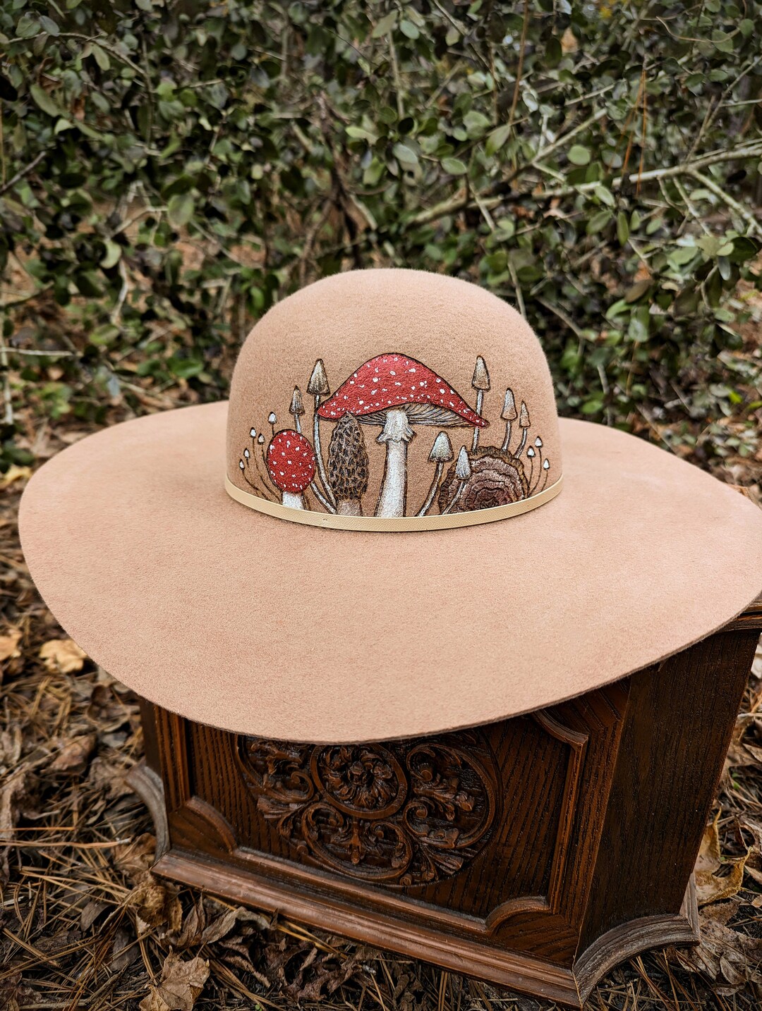 Wool Mushroom Hat Hand Burned & Painted Tan Sunhat Etsy