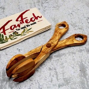 Olive Wood Grill Tongs & Salad Scissors – Handmade BBQ Utensils – Premium Natural Kitchen Tools – Sustainable Gift for Him or Her