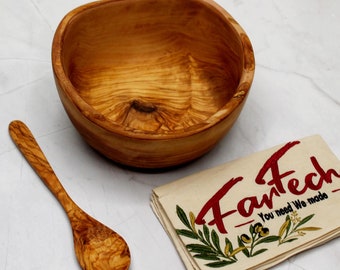 Rustic Olive Wood Bowl Ø 18 cm with 20 cm Spoon | Handmade Wooden Bowl Serving Dish Kitchen Decor Natural Gift