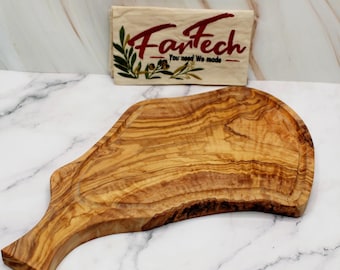 Tabla de carne de madera de olivo con ranura para jugo | Tabla de cortar y servir hecha a mano | Tabla de parrilla de regalo | Longitud seleccionable | Robusta y sostenible