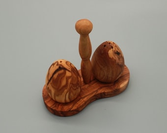 Salt & Pepper Shakers Set of 3 | Handmade Olive Wood Shakers with Stand | Natural Kitchen Spice Containers | Rustic Gift Idea