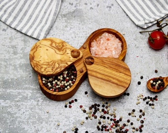 Olive Wood Salt and Pepper Shakers | Swivel Lid Containers | Handmade Spice Jars | Rustic Kitchen Set | Wooden Seasoning Holder