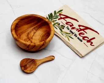 Small Olive Wood Bowl Ø 12 cm with Spoon 10 cm | Handmade & Natural Finish | Rustic Wooden Bowl for Dips, Spices - Snacks