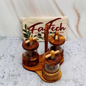 Set of 4 Handmade Olive Wood Salt, Herb & Pepper Mills with Holder | Kitchen Grinder Set | Natural Spice Mills | Gift for Food Lovers