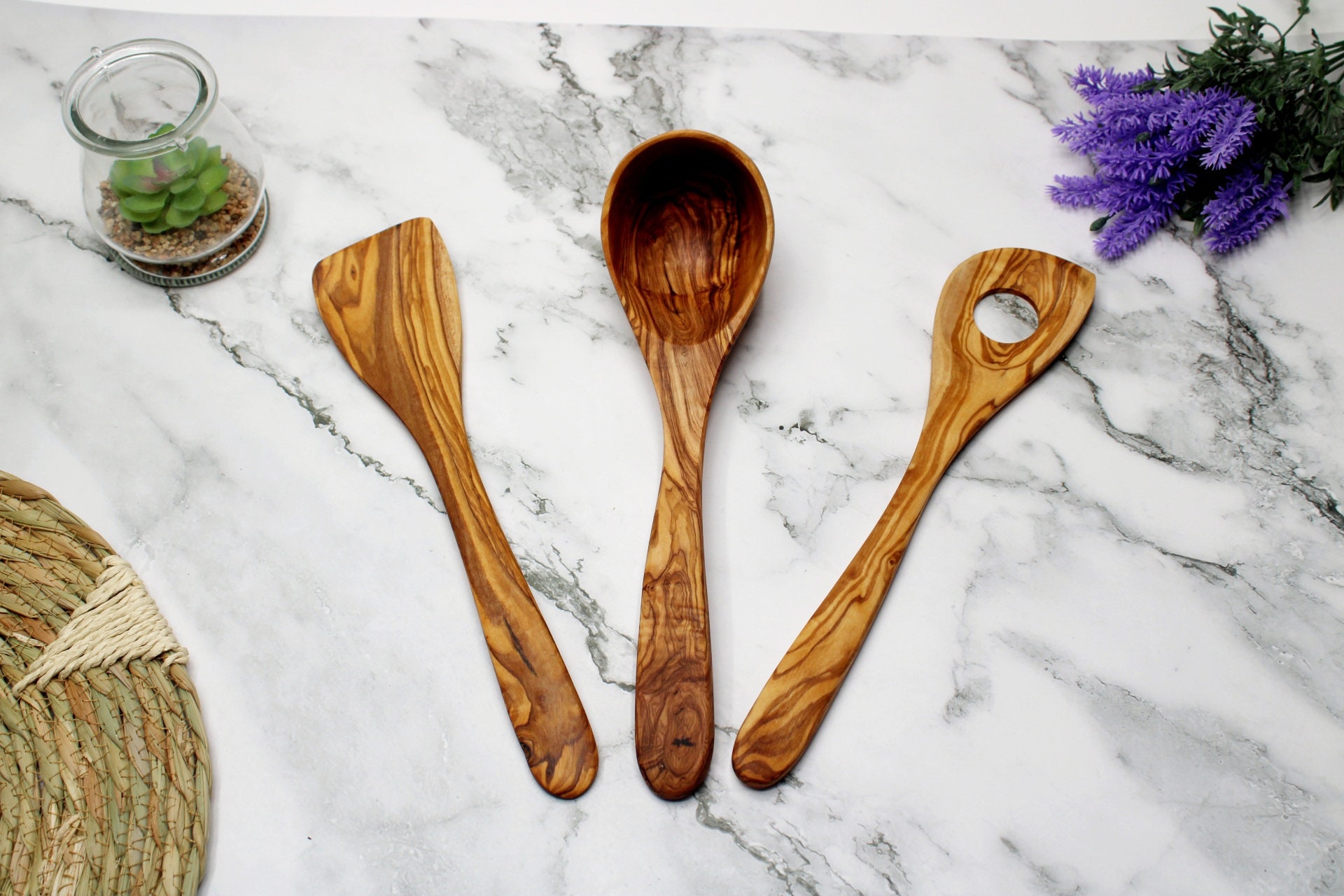 オリーブウッドキッチン用品 3 個セット |スパチュラ2本とレードル