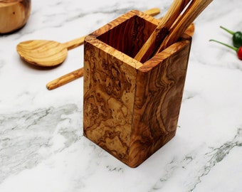 Utensil cup square, toothbrush cup made of olive wood / 15 cm, handmade