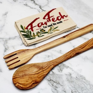 2-Piece Olive Wood Cooking Spoon Set – Handmade Fork & Spoon, 30 cm, Natural Wooden Kitchen Utensils, Sustainable Cooking Tools