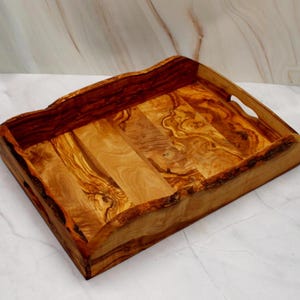 Rustic Olive Wood Serving Tray – Handmade, 42x28x7 cm – Natural Wood Tray, Breakfast Tray, Unique Home Decor Gift