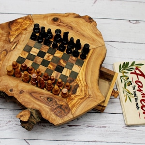 Rustic Olive Wood Chess Set | Handmade Chessboard with 32 Chess Pieces | Handcrafted Wooden Chess Gift