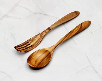 2-Piece Olive Wood Cutlery Set | Handmade Fork & Spoon 20 cm | Sustainable Wooden Flatware | Natural Kitchen Utensils | Gift Idea