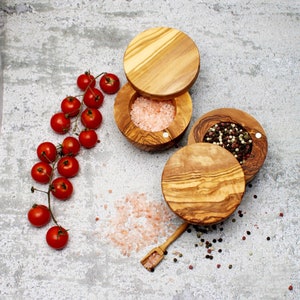 2-Piece Olive Wood Salt & Spice Box Set with Magnetic Lid | Handmade Kitchen Storage Jars | Rustic Natural Wood Gift