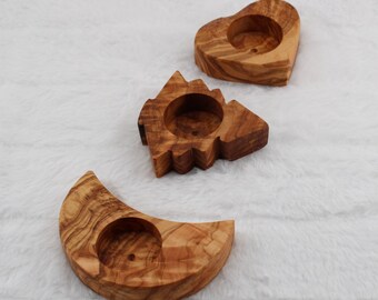 Star-shaped tealight holder made of olive wood, handmade