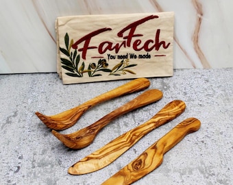4-Piece Olive Wood Cutlery Set – Handmade Wooden Forks & Spreader Knives – Natural Wooden Utensils Gift Set
