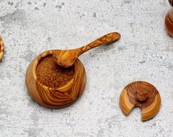 Box with spoon, sugar bowl, made of olive wood, spice box, salt box, handmade