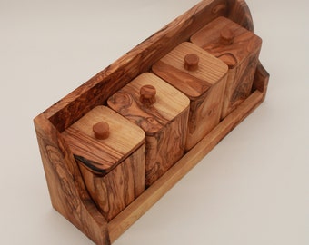 Spice rack with 4 cans, olive wood herb rack